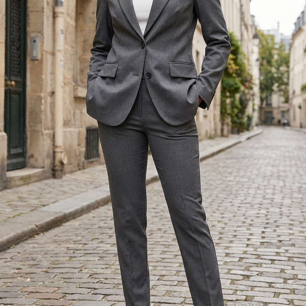 Completo elegante da donna in tessuto con blazer e pantaloni aderenti  