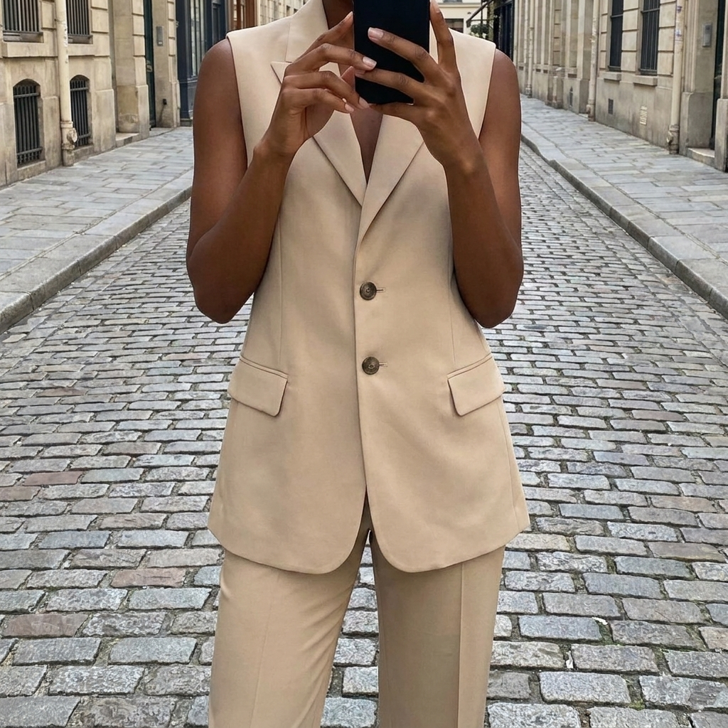 Completo elegante da donna in seta smart senza maniche, aderente con bottoni  