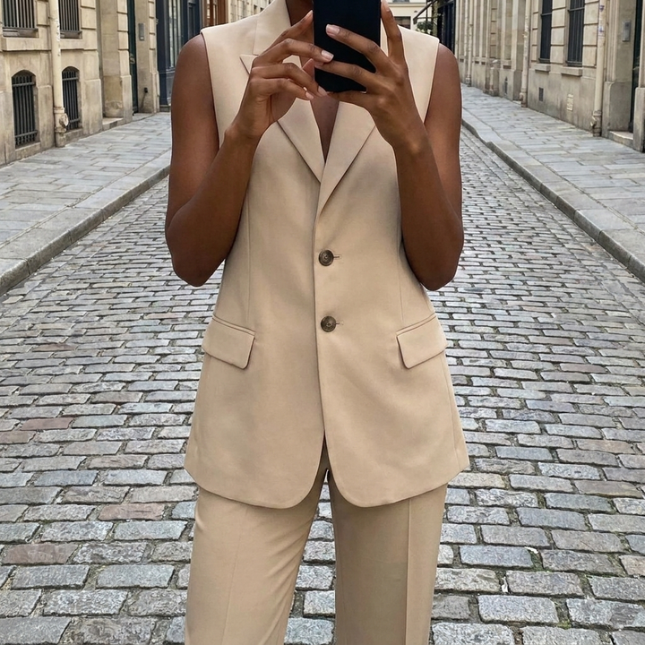 Completo elegante da donna in seta smart senza maniche, aderente con bottoni  