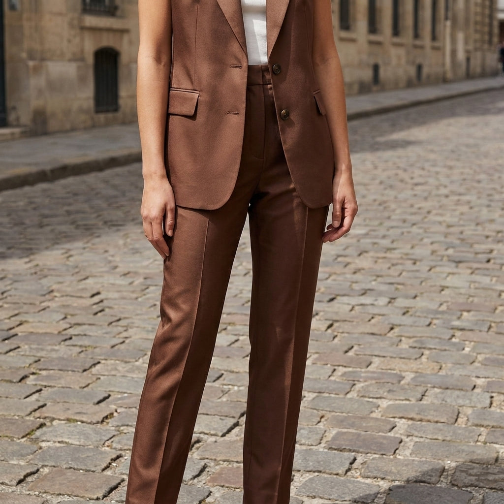 Completo elegante da donna in seta smart senza maniche, aderente con bottoni  