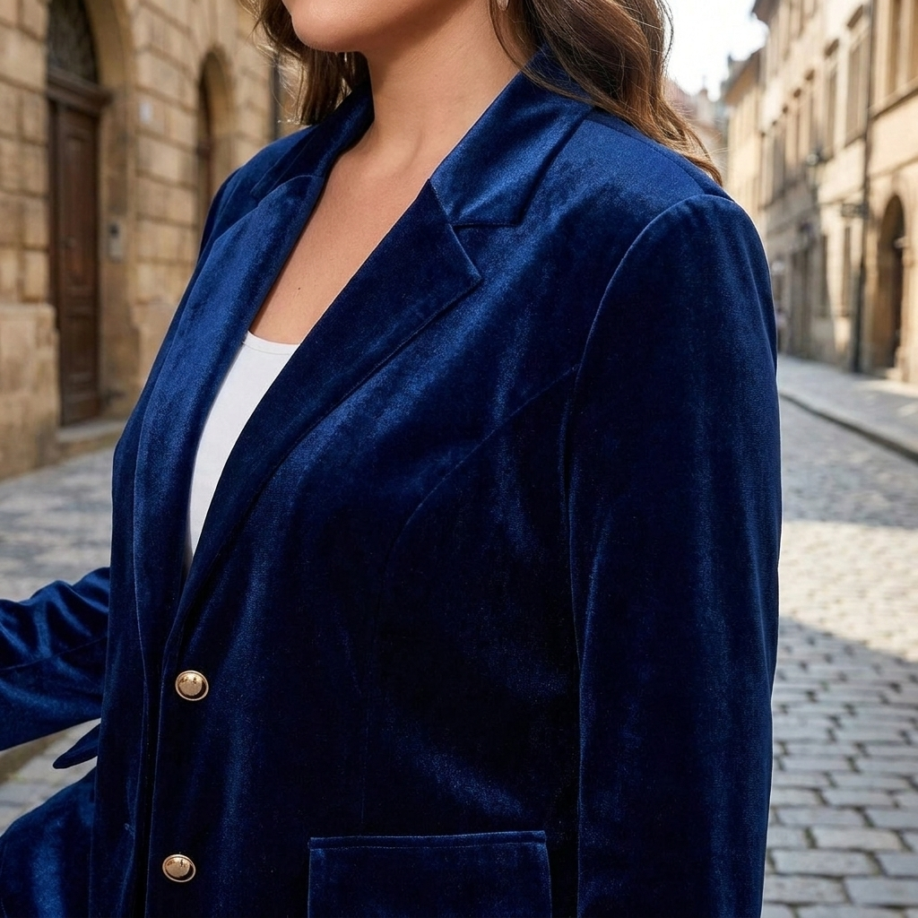 Completo elegante da donna taglie forti con giacca in velluto e bottoni – completo da ufficio in 2 pezzi  