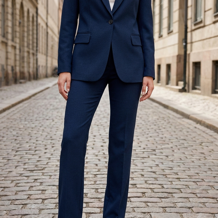 Completo elegante da donna in tessuto con blazer e pantaloni aderenti  