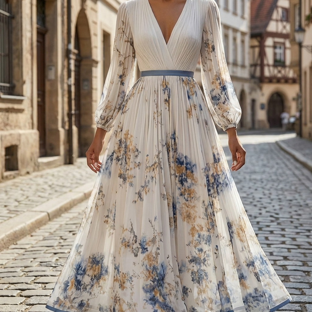 Abito lungo da donna in chiffon floreale | elegante abito estivo a maniche lunghe  
