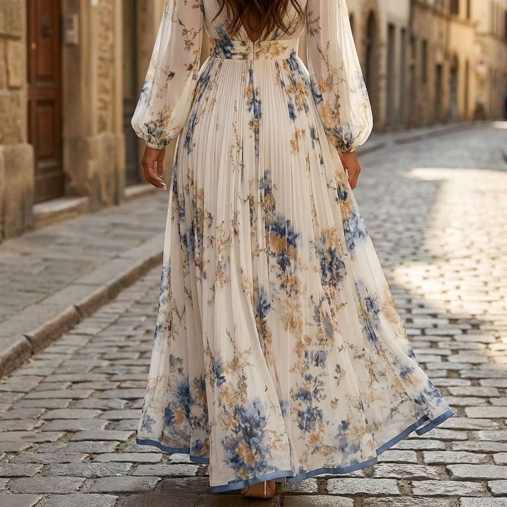 Abito lungo da donna in chiffon floreale | elegante abito estivo a maniche lunghe  
