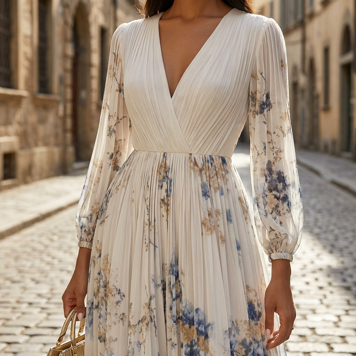 Abito lungo da donna in chiffon floreale | elegante abito estivo a maniche lunghe  