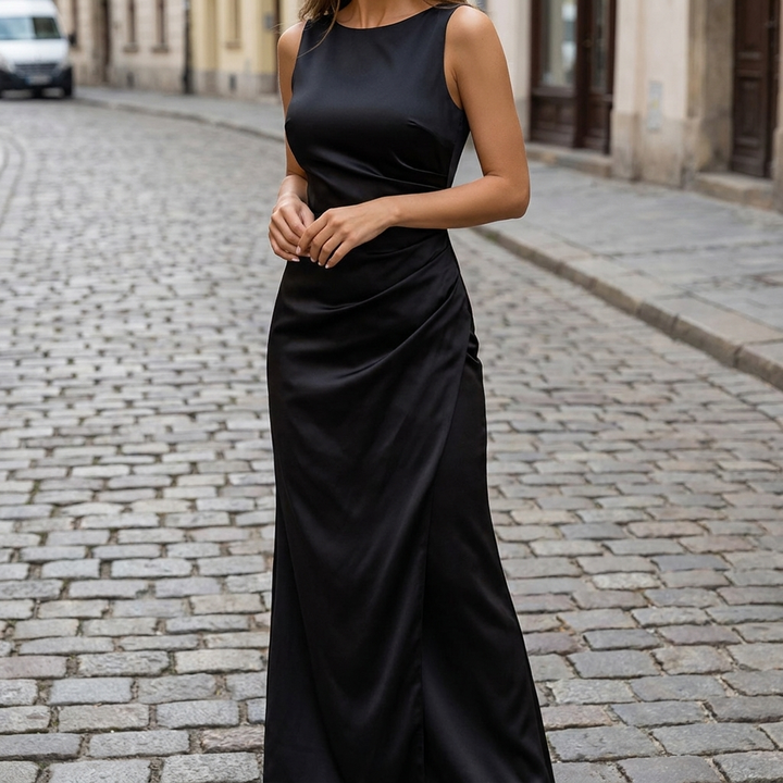 Abito da sera aderente elegante da donna in raso morbido senza maniche