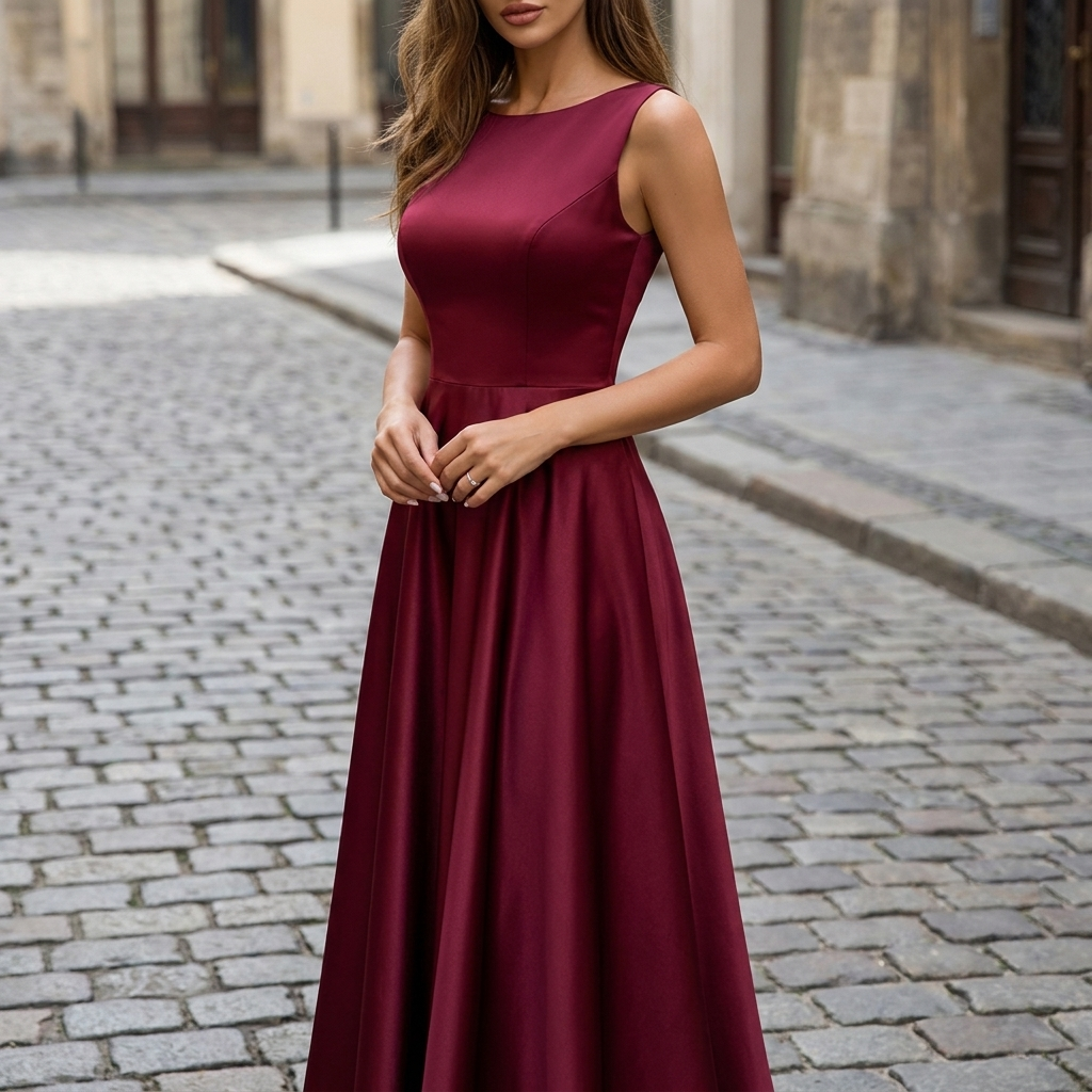 Abito da sera aderente elegante da donna in raso morbido senza maniche