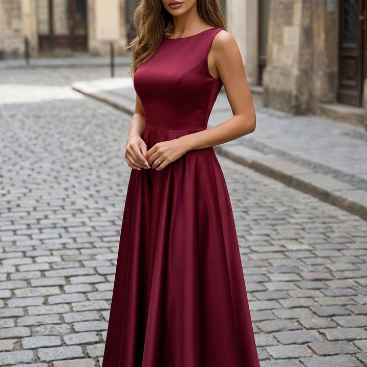 Abito da sera aderente elegante da donna in raso morbido senza maniche