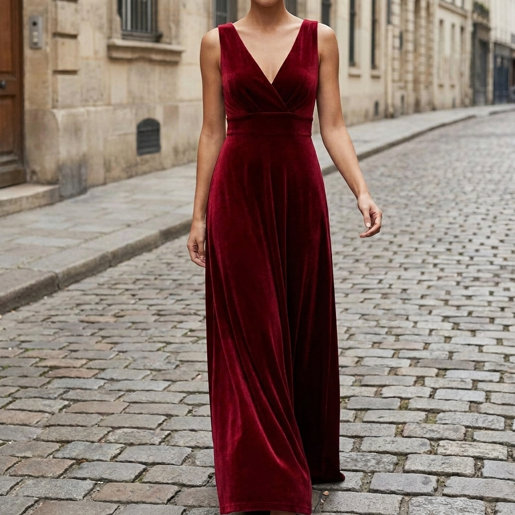 Dark red velvet sleeveless evening gown front view