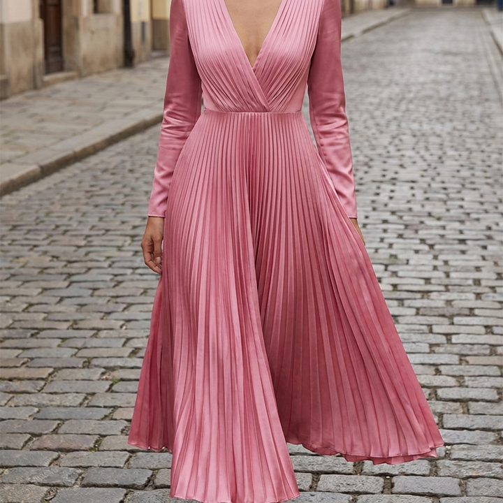 Pink pleated satin maxi gown front view