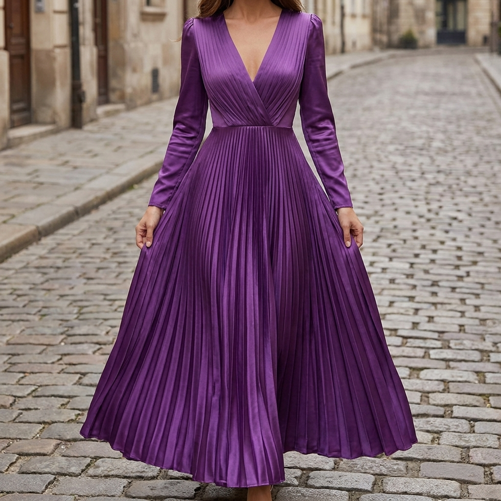 Purple pleated satin maxi gown front view