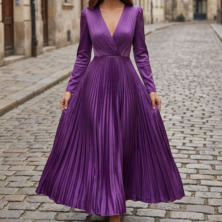 Purple pleated satin maxi gown front view