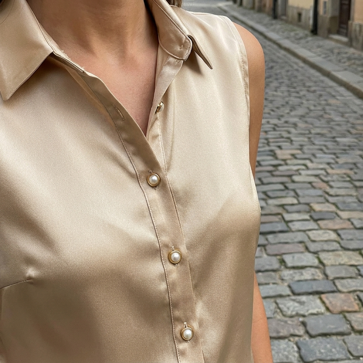 Gold elegant sleeveless blouse with buttons detail close-up