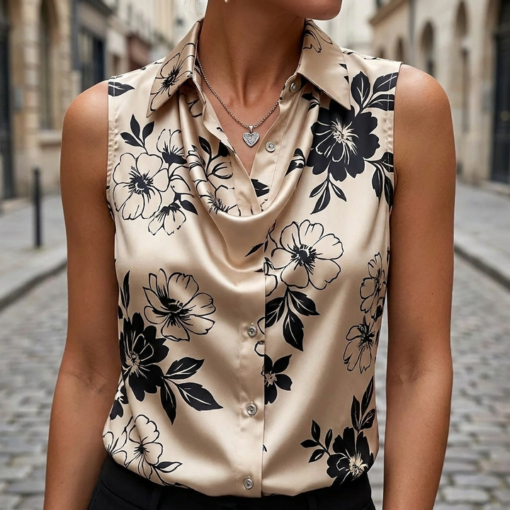 Floral elegant sleeveless blouse with buttons front view