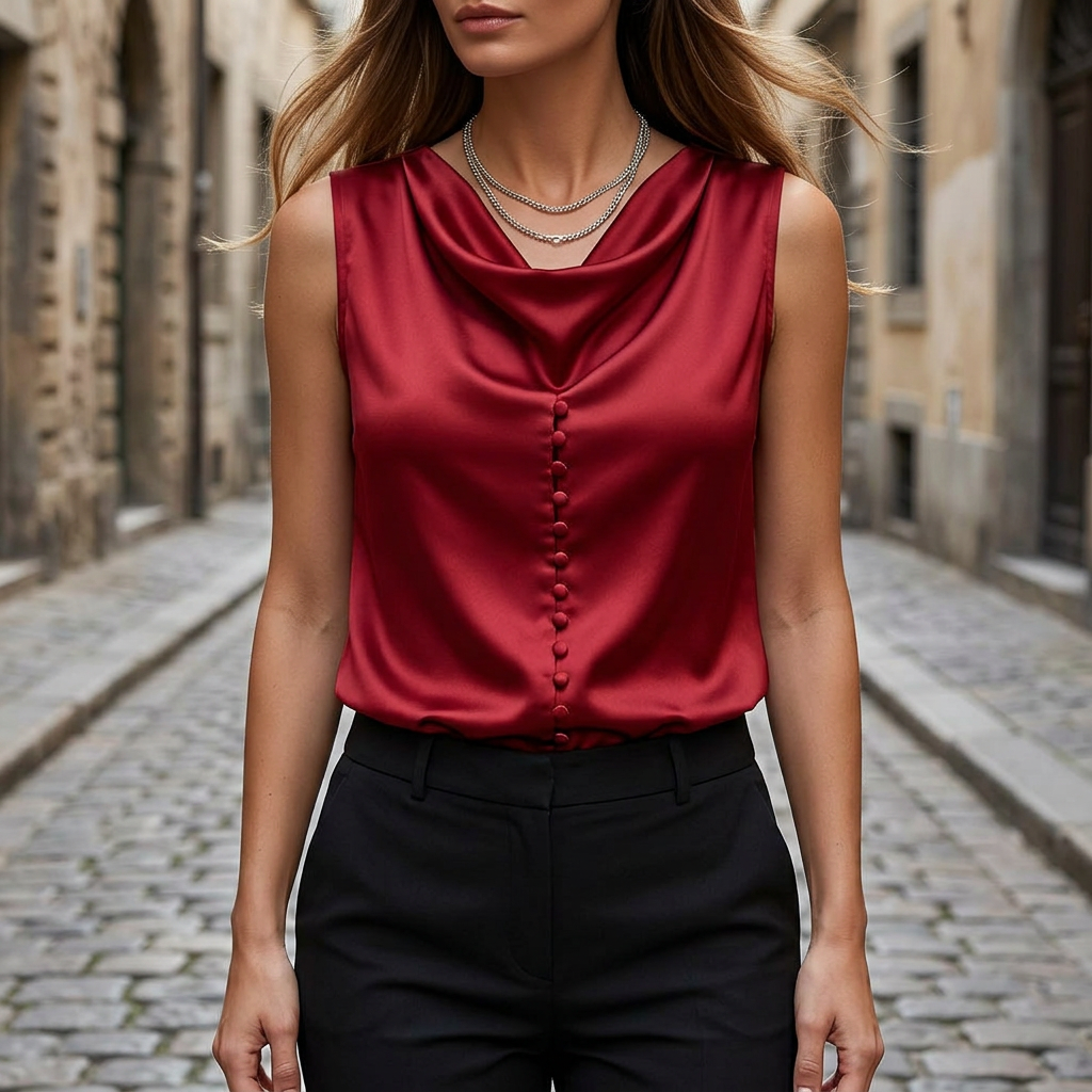 Red elegant sleeveless blouse with buttons front view