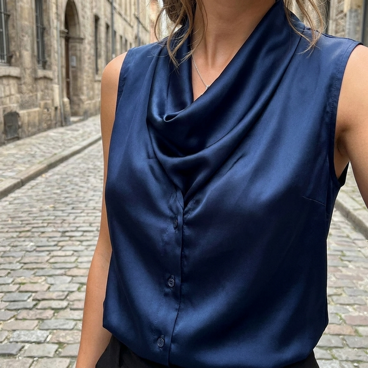 Dark blue elegant sleeveless blouse with buttons front view