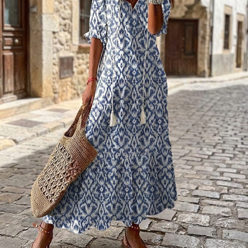 Blue bohemian floral maxi dress front view