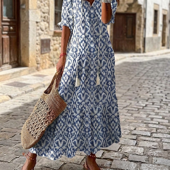 Blue bohemian floral maxi dress front view