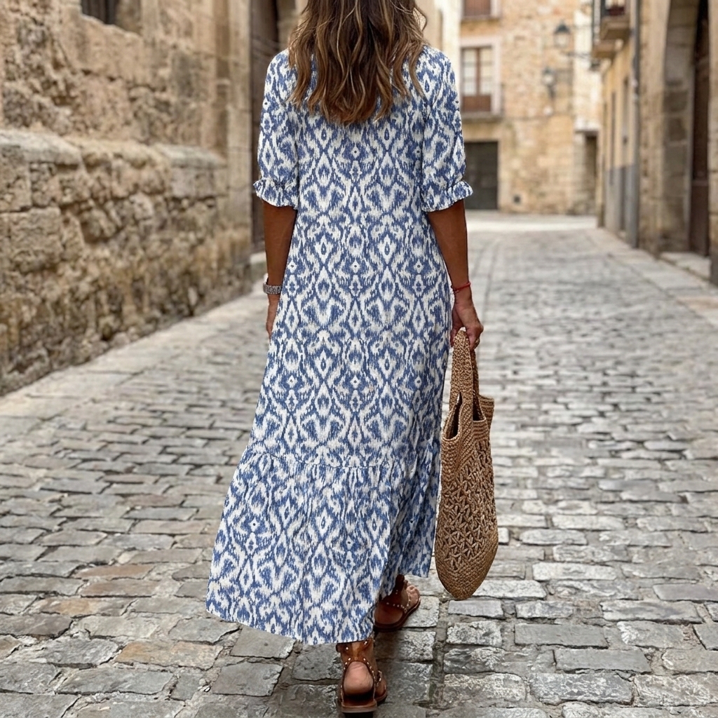 Blue bohemian floral maxi dress back view
