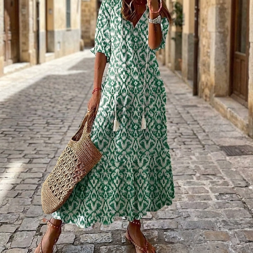 Green bohemian floral maxi dress front view