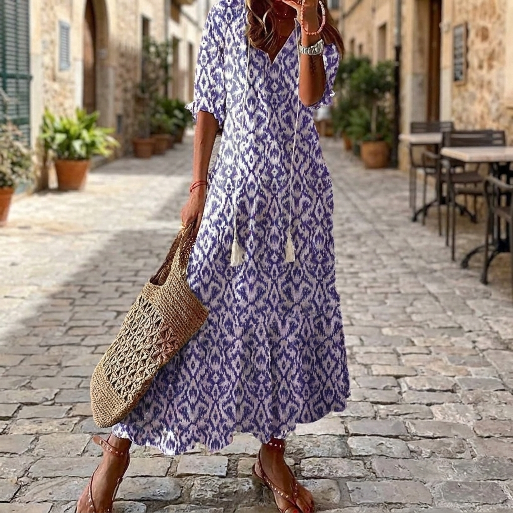 Purple bohemian floral maxi dress front view