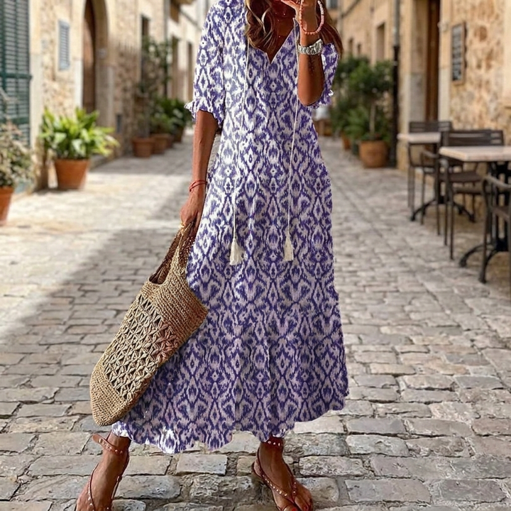 Purple bohemian floral maxi dress front view