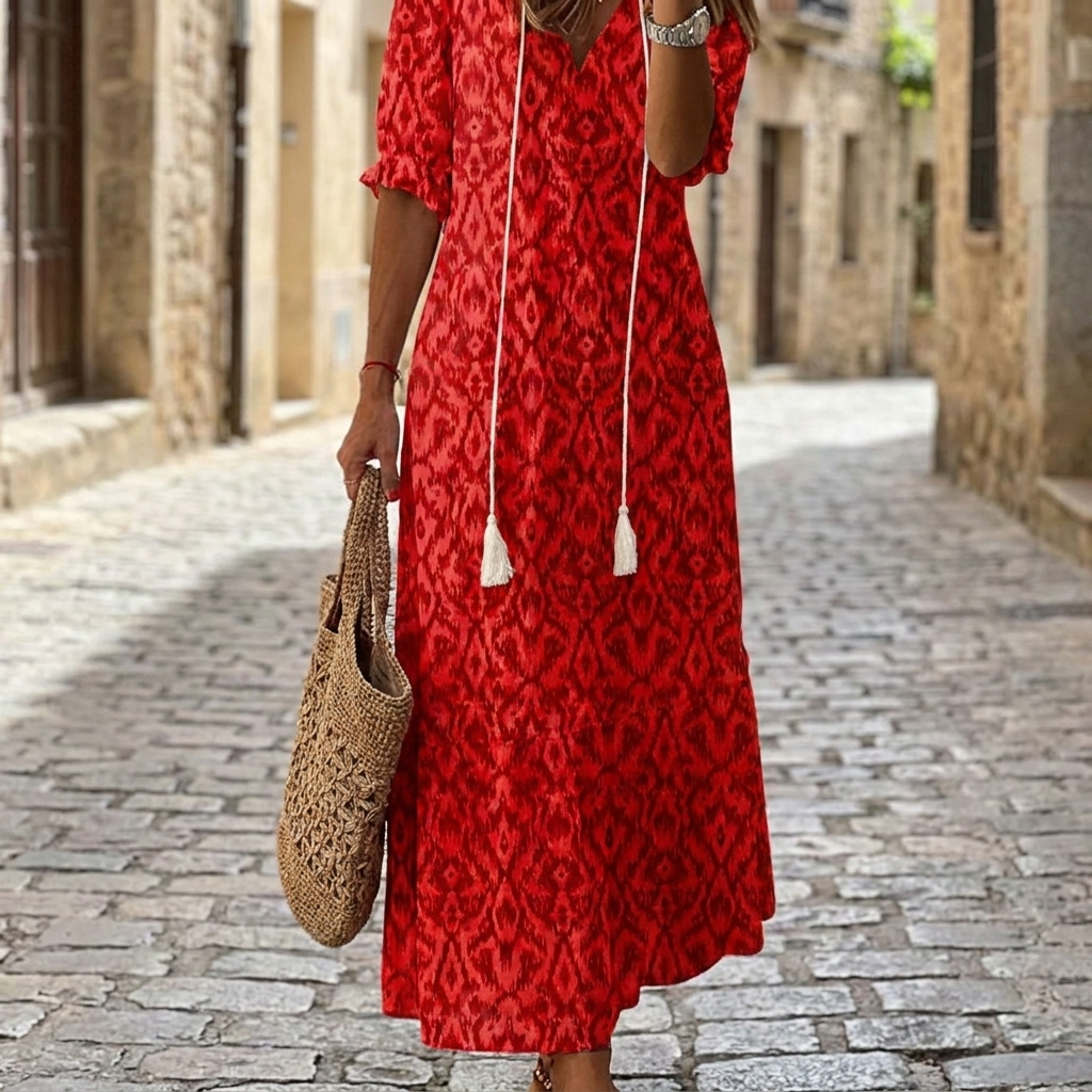 Red bohemian floral maxi dress front view
