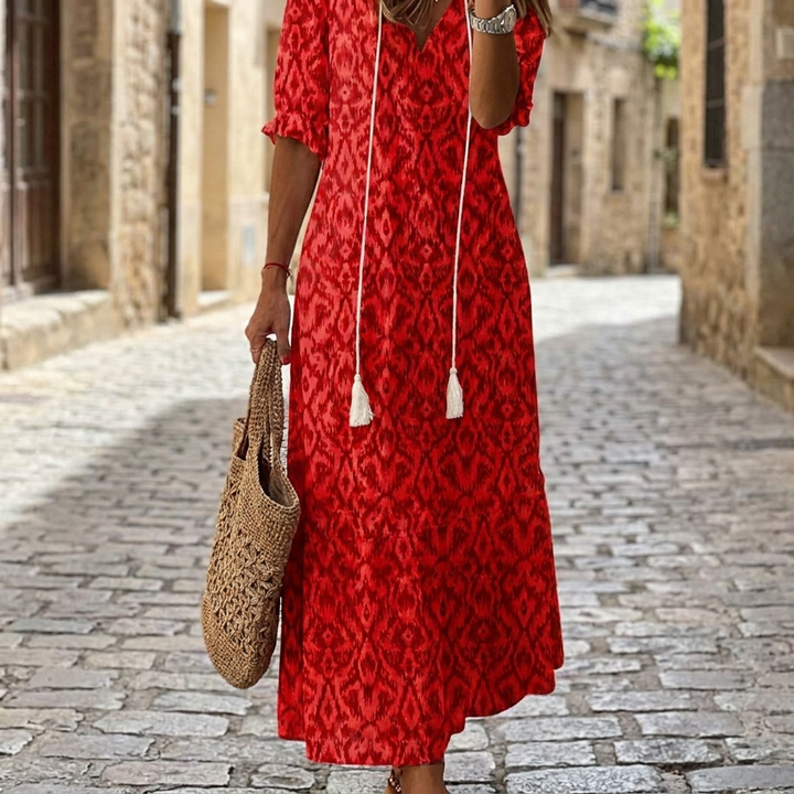 Red bohemian floral maxi dress front view