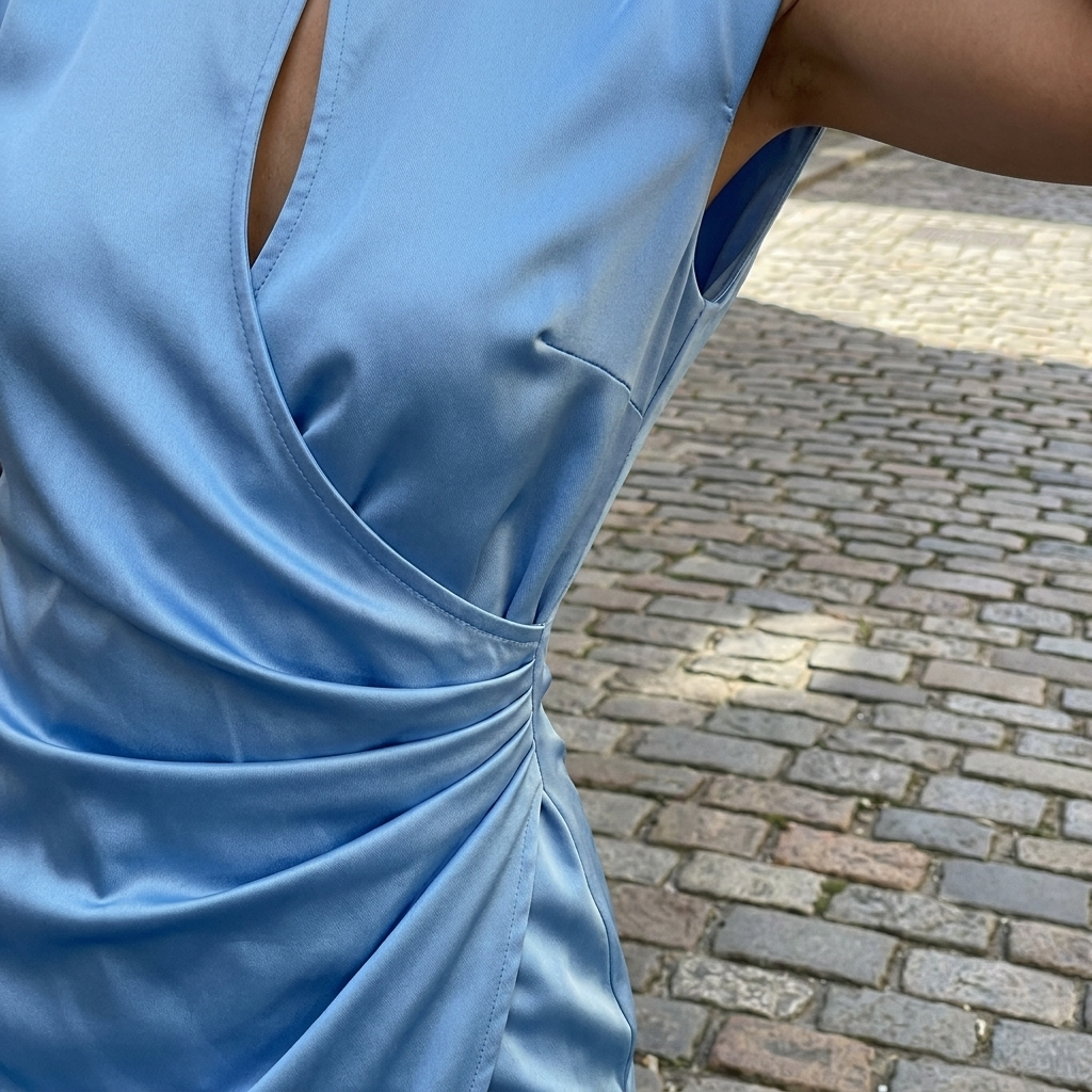Light blue satin evening gown detail