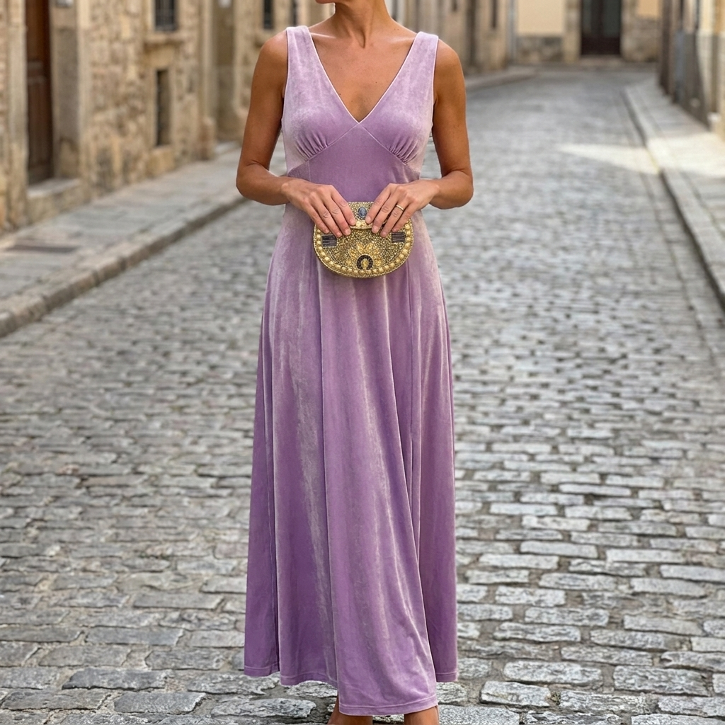 Light purple velvet V-neck evening gown front view
