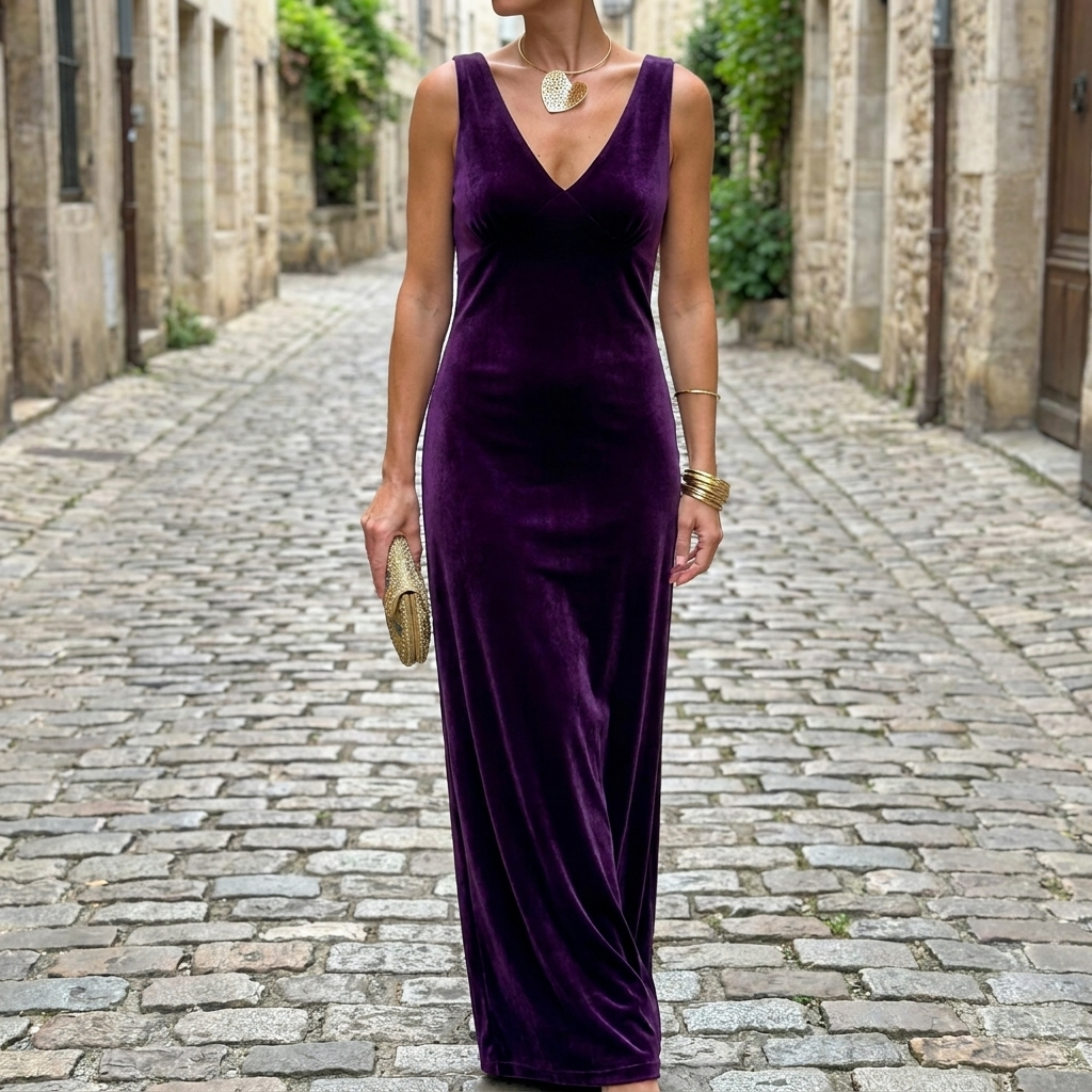 Purple velvet V-neck evening gown front view