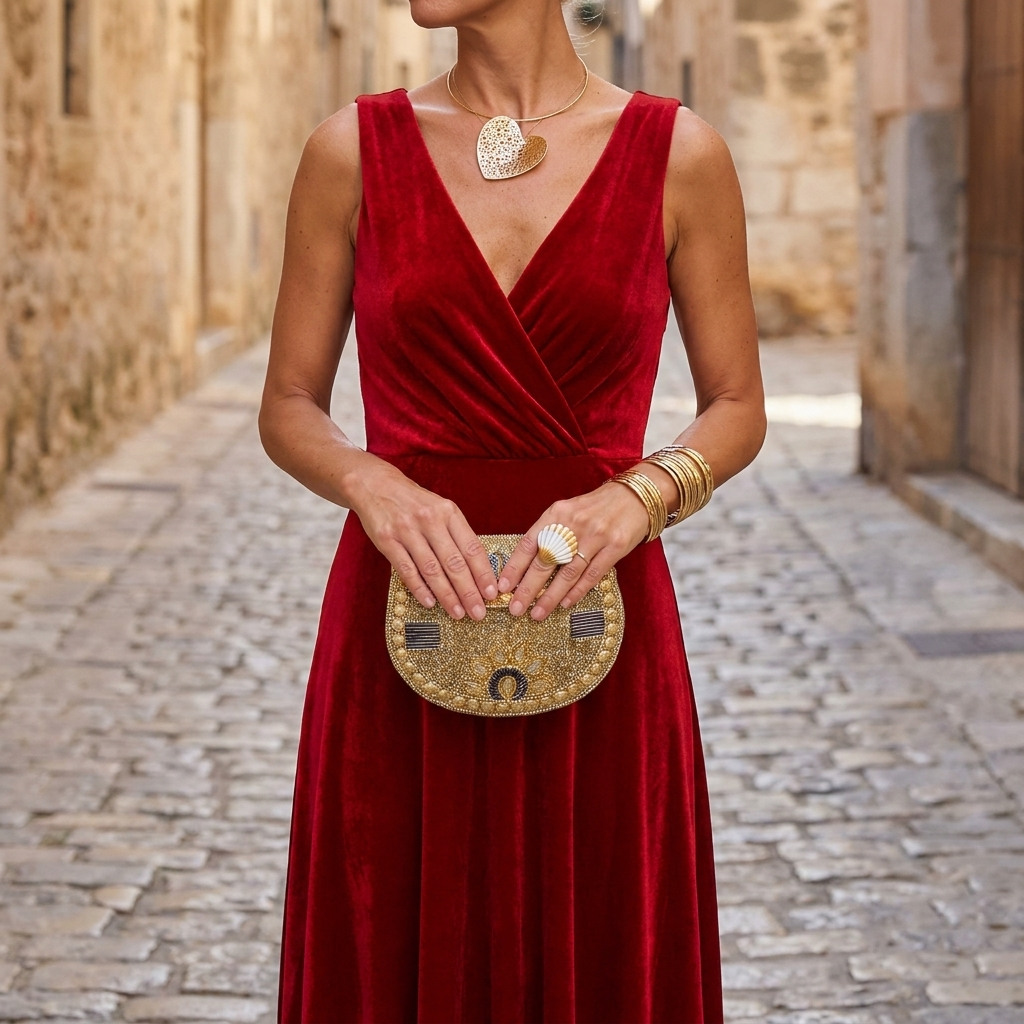 Red velvet V-neck evening gown front view