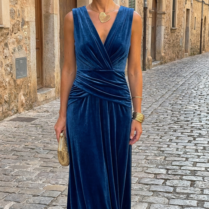 Blue velvet V-neck evening gown front view
