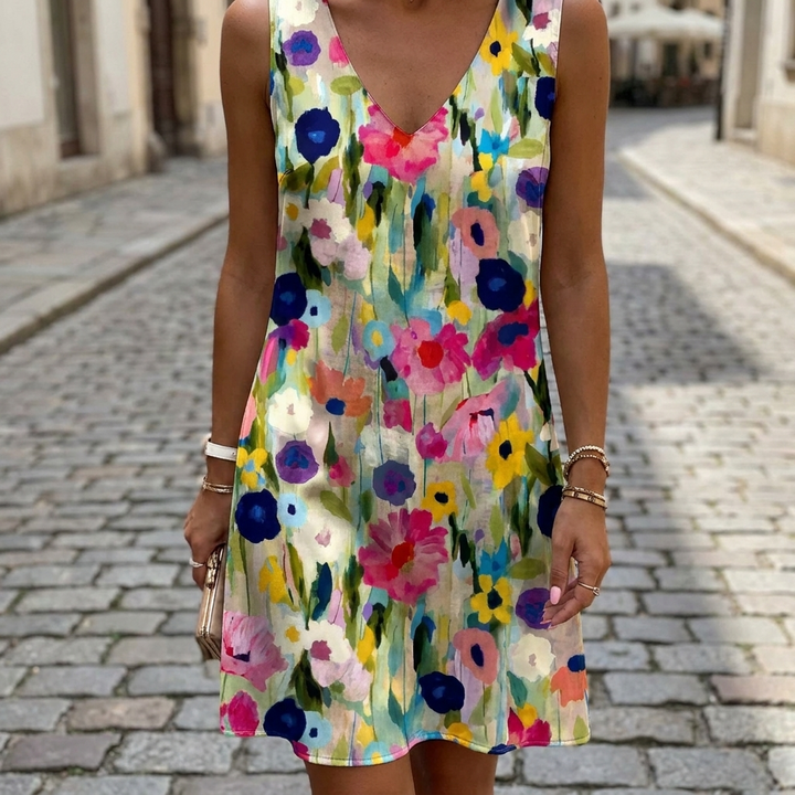 Floral satin V-neck mini evening dress front view