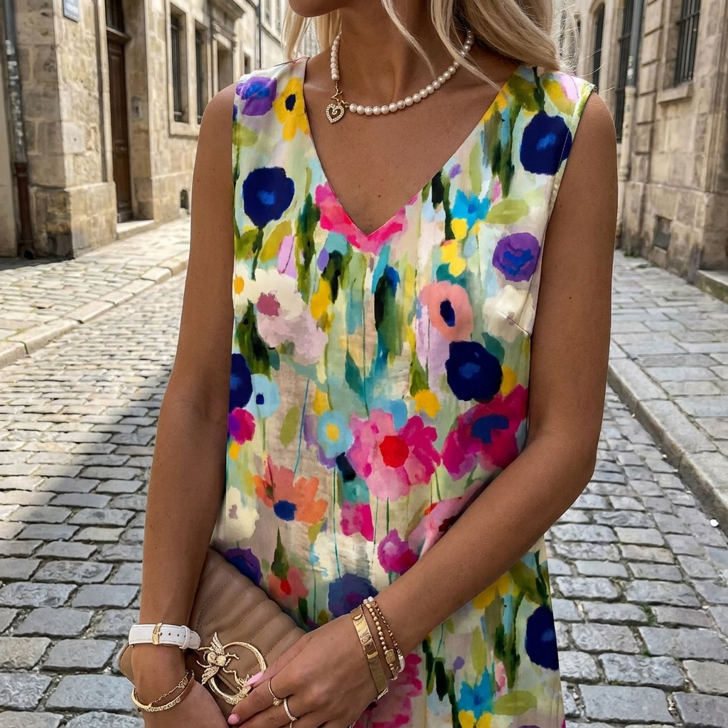 Floral satin V-neck mini dress neckline detail