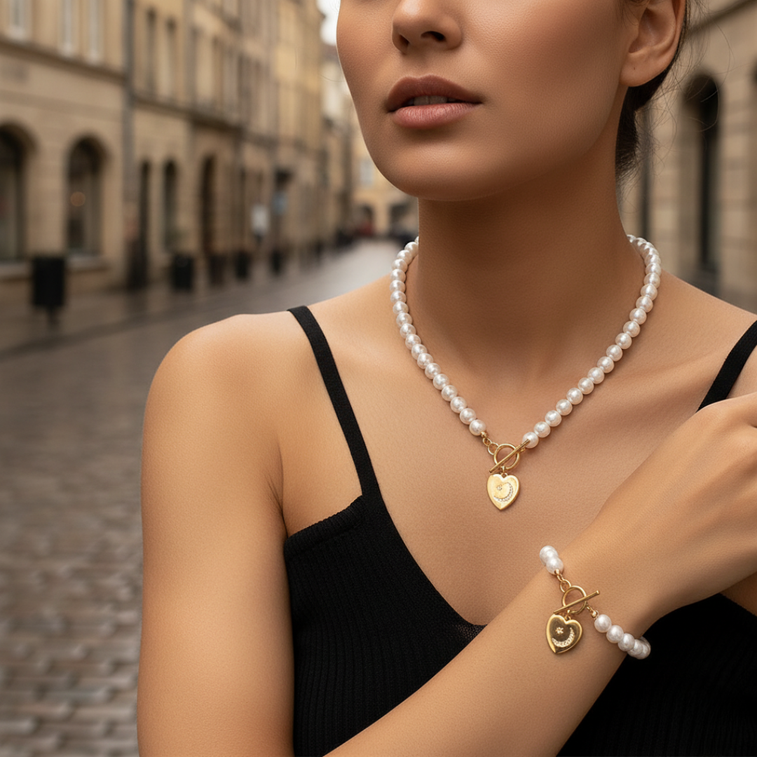 Women's Necklace and Bracelet Set with Artisan Pearls and Heart