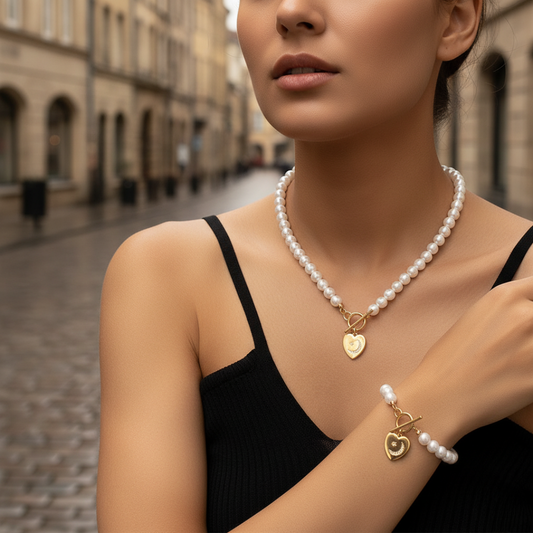 Women's Necklace and Bracelet Set with Artisan Pearls and Heart