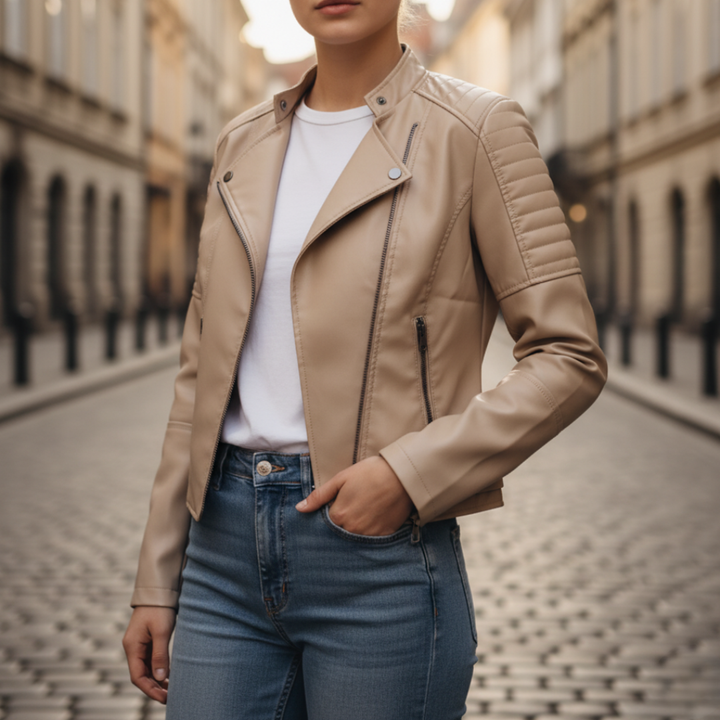 Women's Faux Leather Jacket with Front Zip
