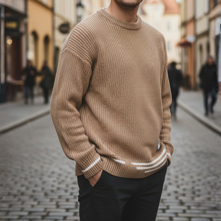 Men's Oversized Winter Sweater Thick Knit with Stripe Details