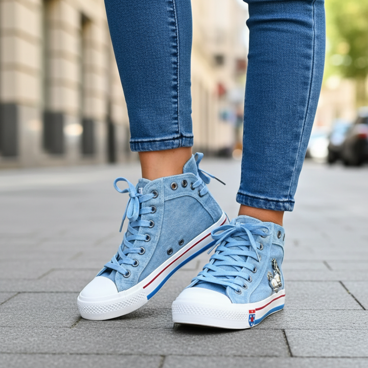 Sneakers alte da donna in denim blu con doppia cerniera e lacci