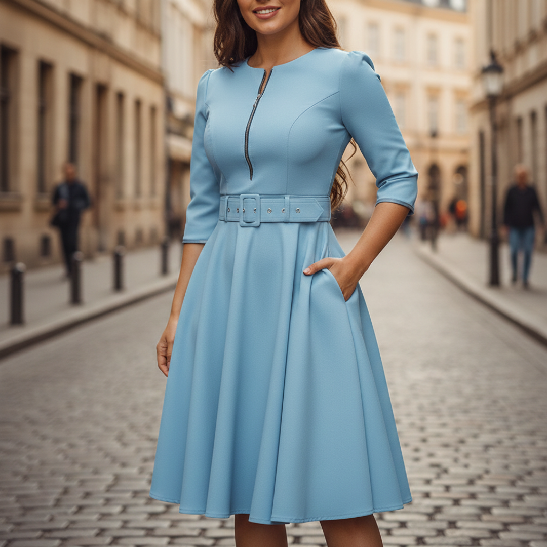 Women's Flared Dress with Front Zip and Belt