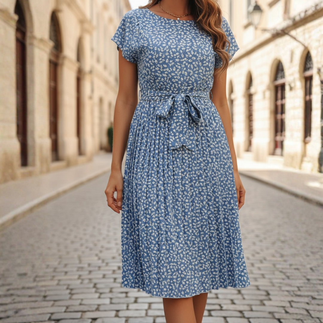 Long Women's Pleated Dress with Floral Print and Belt