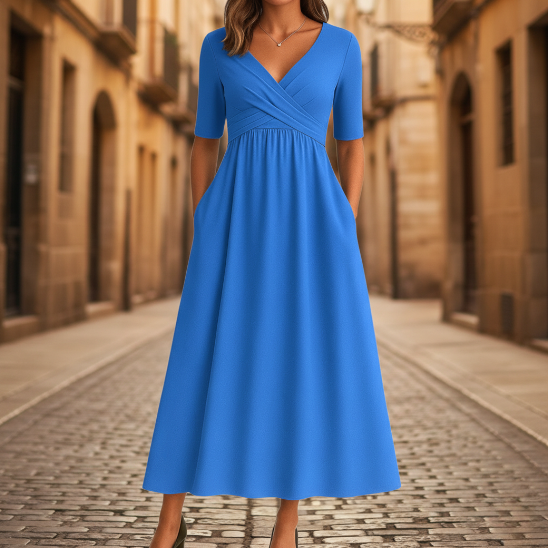 Women's Midi Dress with Pleats and V-Neck