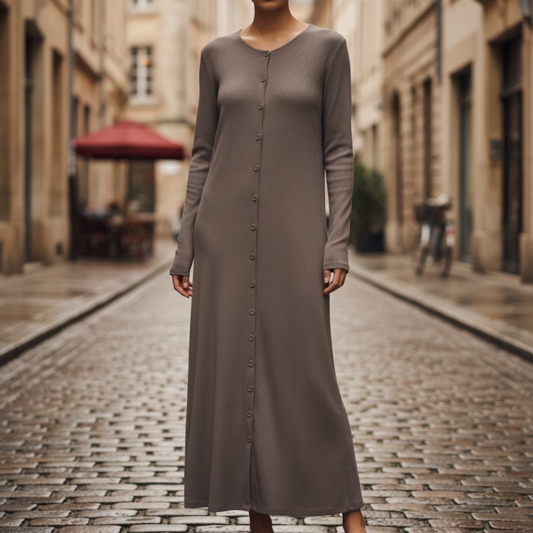 Women's Long Sleeve Maxi Dress in Ribbed Knit with Buttons