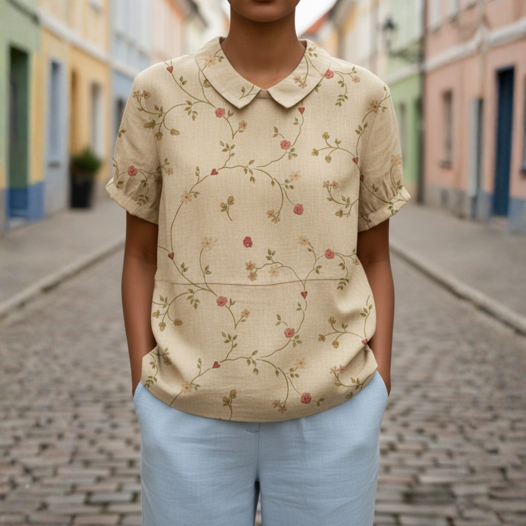 Embroidered Floral Short Sleeve Blouse with Peter Pan Collar for Women