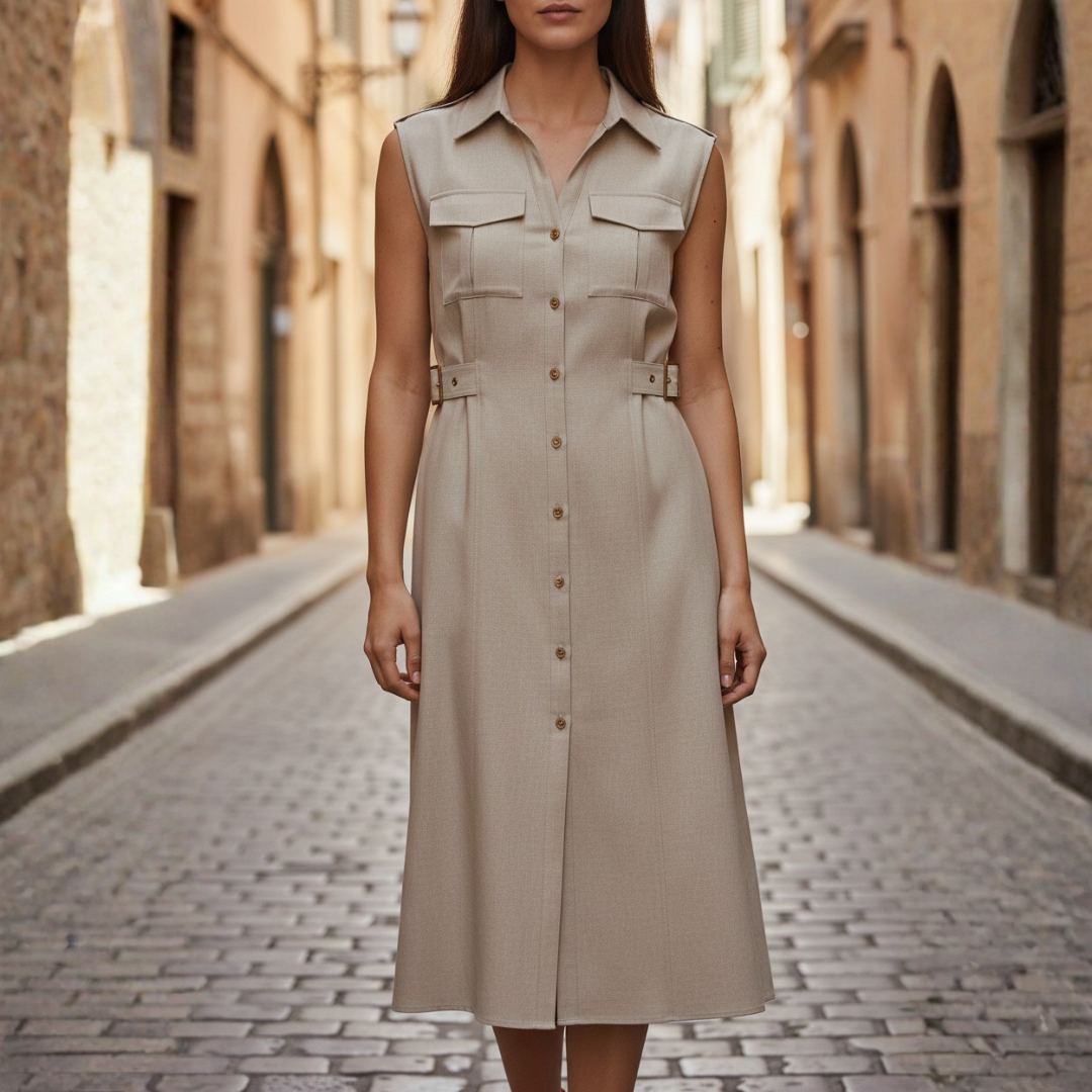 Women's Midi Shirt Dress in Sleeveless Linen with Utility Style Buttons