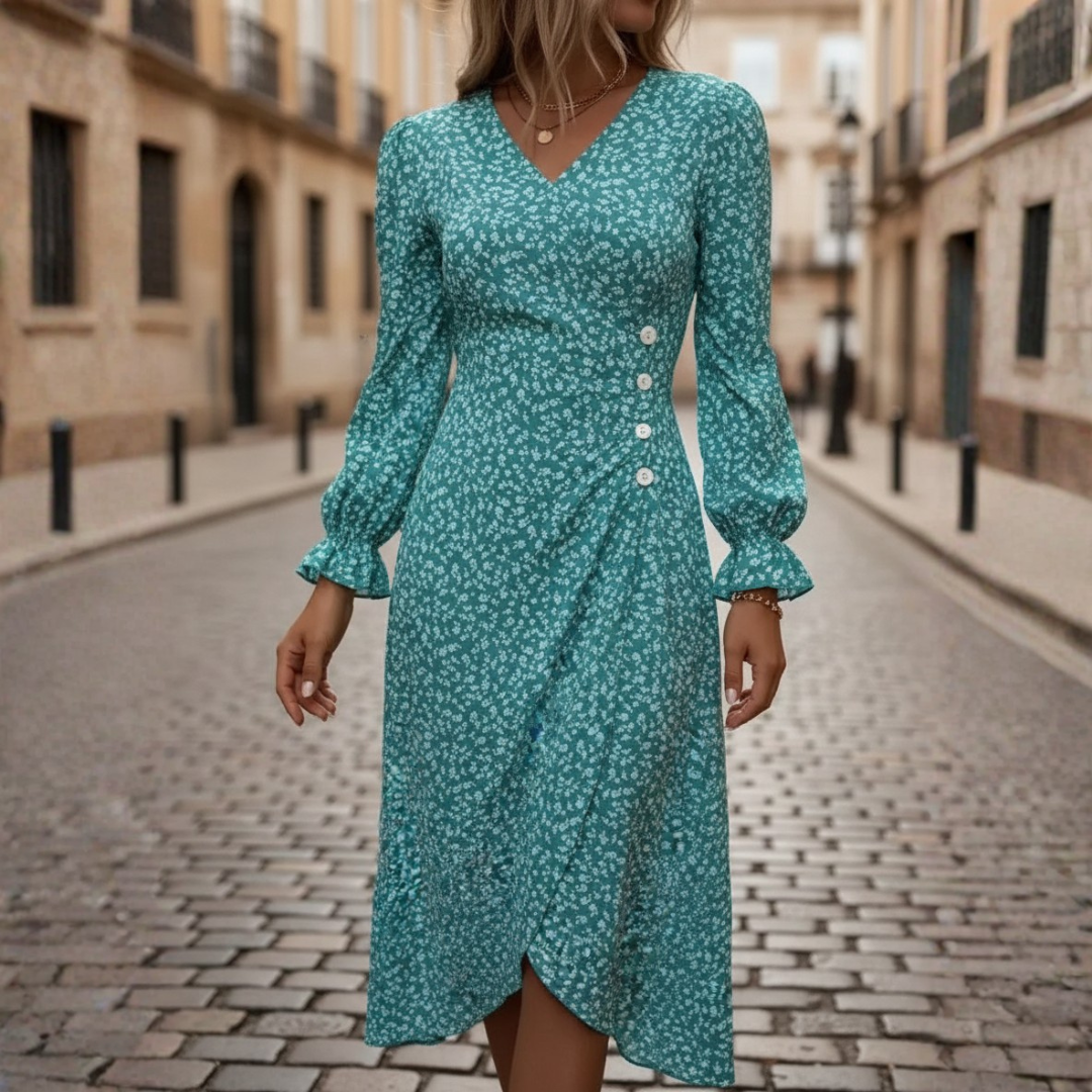 Women's Floral Midi Dress with V-Neck and Long Sleeves
