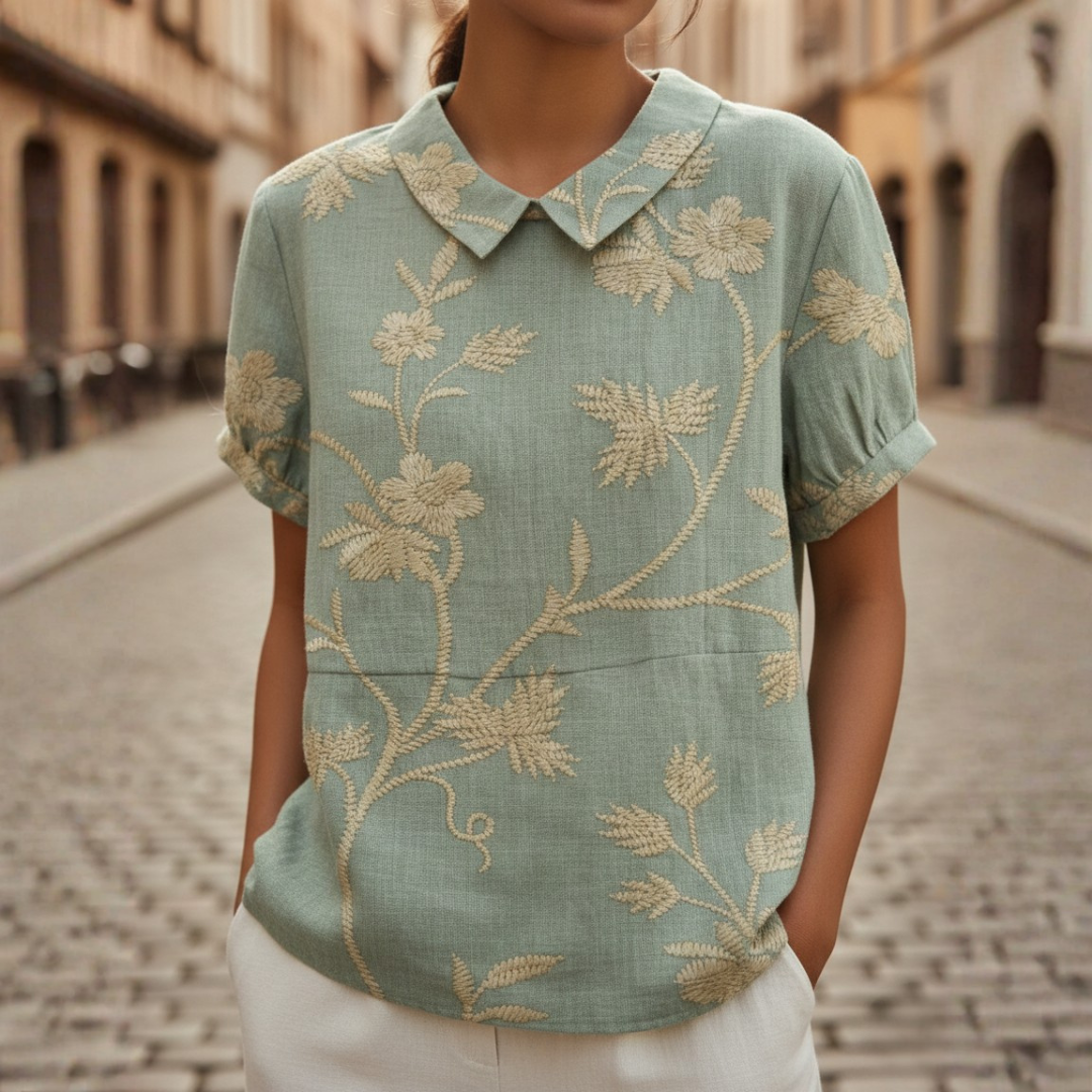 Embroidered Floral Short Sleeve Blouse with Peter Pan Collar for Women