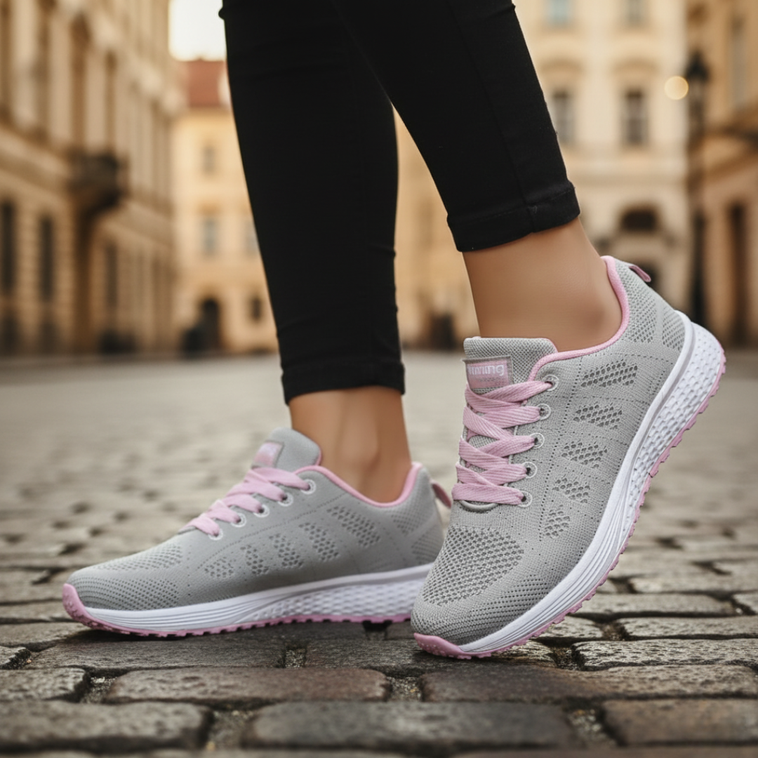 Women's Black Breathable Mesh Running Shoes with White Sole