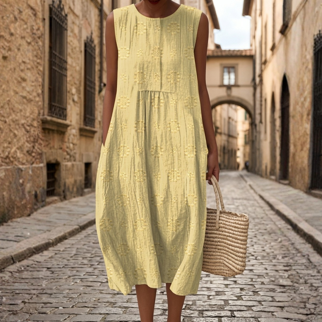 Women's Midi Dress in Cotton with Floral Embroidery